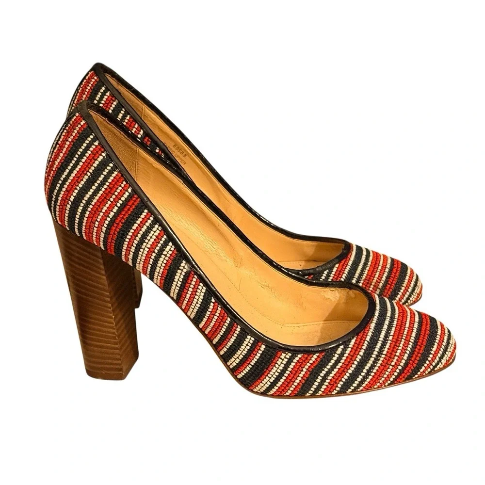 J.Crew Pumps 10 Knit Fabric Block Heel Red White Blue B9588‎ Italy Shoes Summer